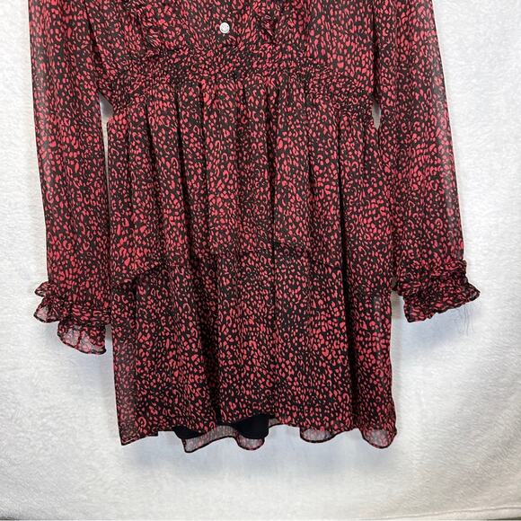 Zara Red & Black Cheetah‎ Print Long Sleeve Ruffled Mini Dress Size L - Picture 3 of 10